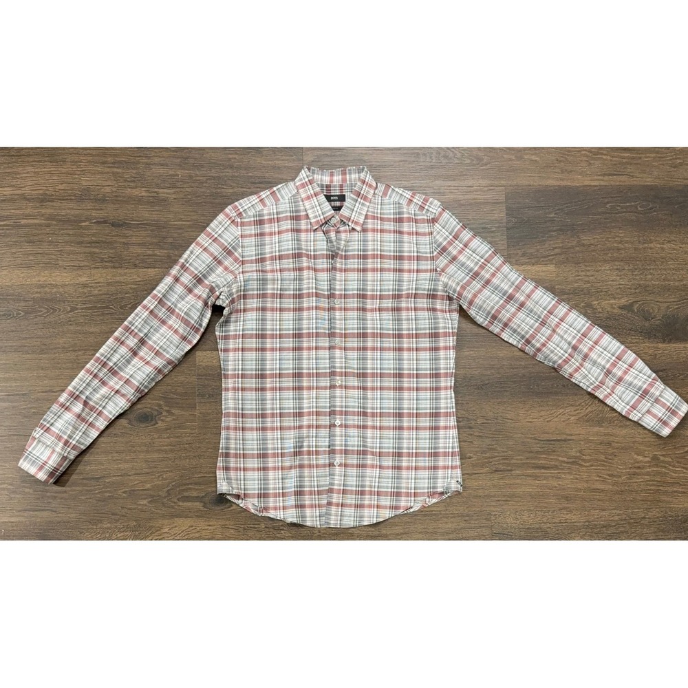 BOSS Hugo Boss Sharp Fit Men's Plaid Dress Shirt Blue Burgundy 15.5 32–33